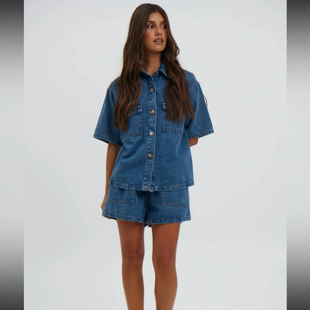 The Bronze Snake Delaney Denim Set Dark Blue Short Sleeve Jean Top Shorts Coord - Picture 9 of 14